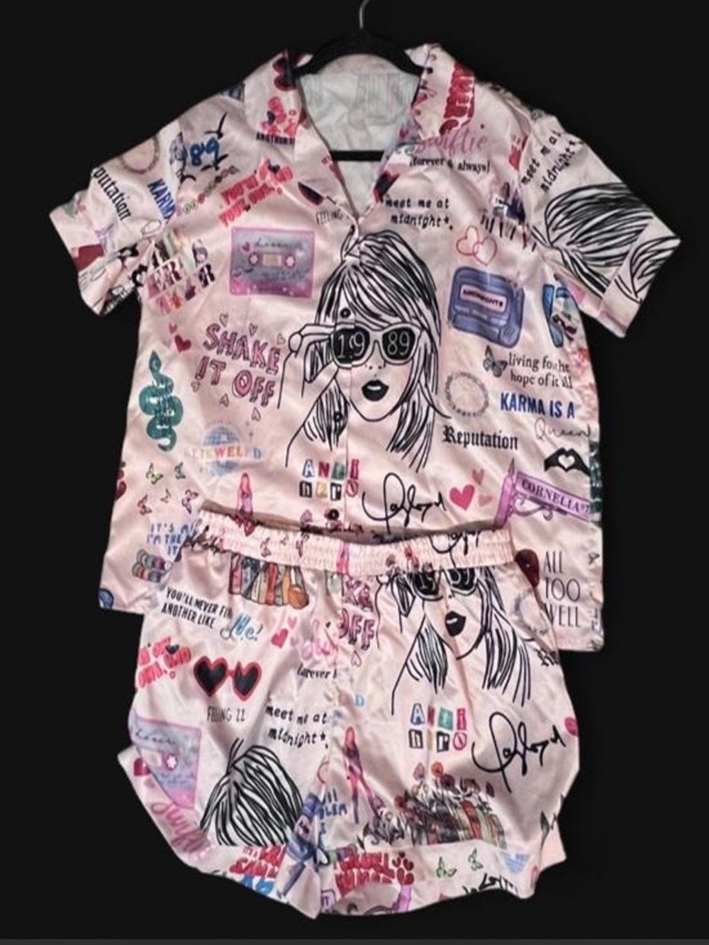 Taylor Swift Pink 2 piece Graphic Satin Pajama Set